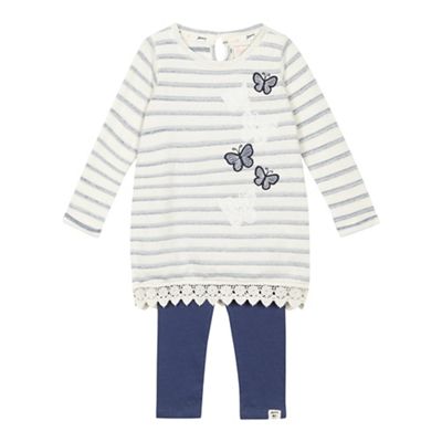 Girls' cream butterfly applique top and blue leggings set